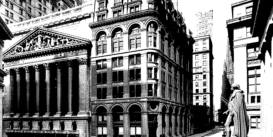 Black-and-white street view of the New York Stock Exchange, with its columns and sculpted pediment beside the Wilks Building and the edge of the statue of George Washington at the right.