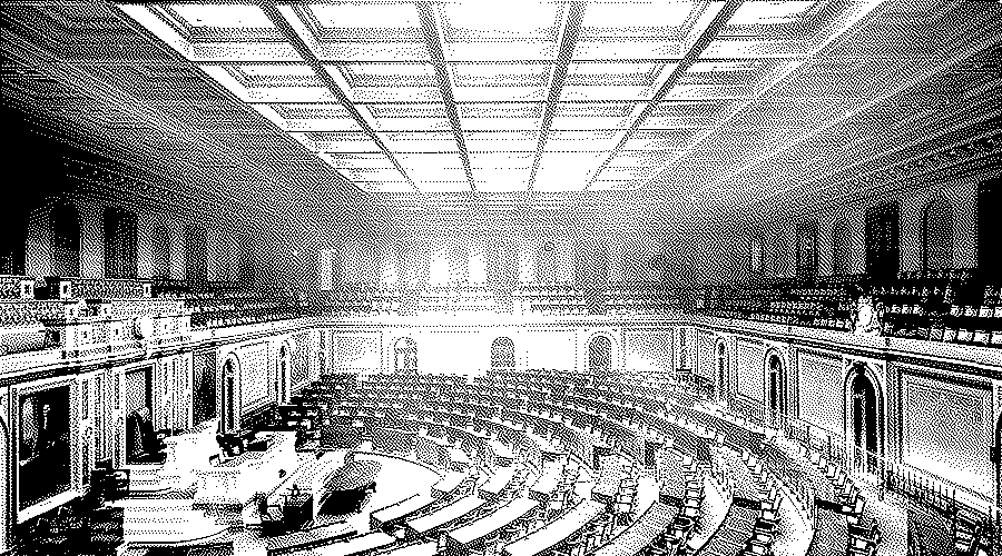 The chamber of the House of Representatives seen from above, with curved rows of desks facing the Speaker's rostrum under a panelled glass ceiling.