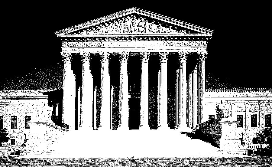 Front of the US Supreme Court building in white marble: a wide staircase, eight tall fluted columns and a sculpted pediment, with a statue on each side and a clear sky above.