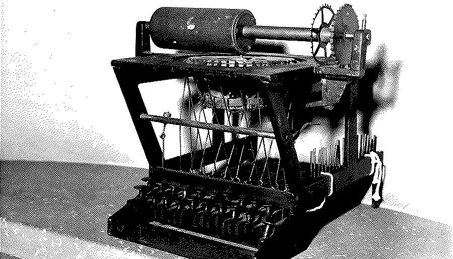 An early wooden typewriter prototype with a cylindrical carriage, a toothed wheel, strings and a row of round-topped keys, photographed against a plain wall.