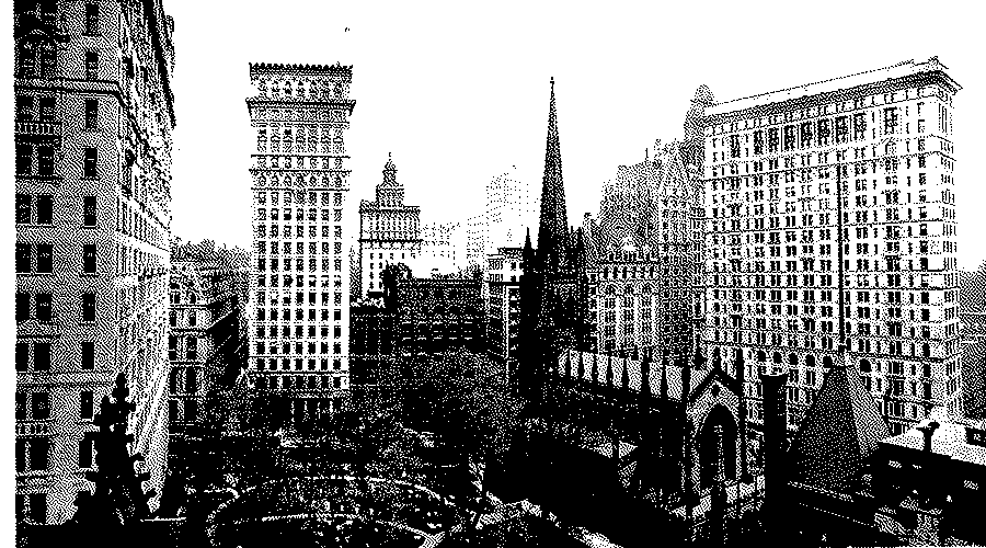 Tall office buildings around Trinity Church in lower Manhattan seen from above, with the church spire between the towers.