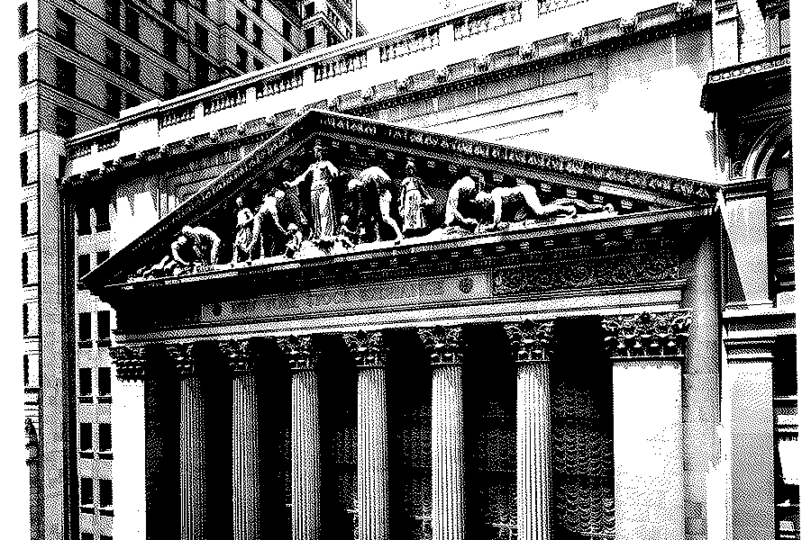 The columned front and sculpted pediment of the New York Stock Exchange on Broad Street, photographed in 1908