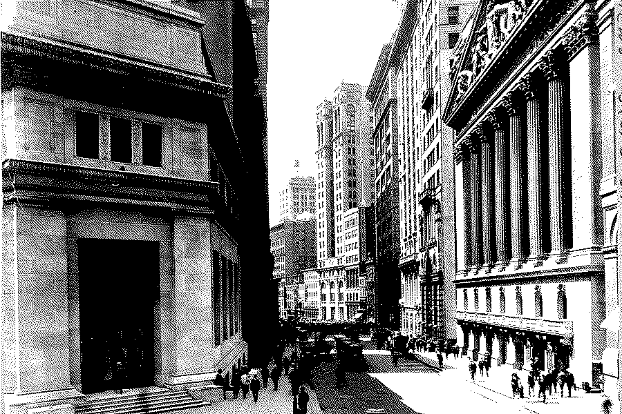 Broad Street running south from Wall Street in 1916, the Stock Exchange on the right and pedestrians in the street